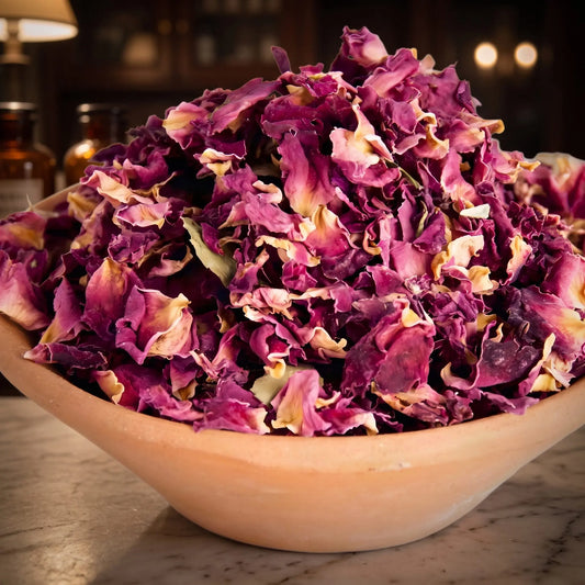 Rosenblüten, sortenreines Räucherwerk von Berk, 20 g: Nahaufnahme der Terracottaschale mit getrockneten pink- bis weinroten Rosenblütenblättern vor der warmen, unscharfen Abendapotheke – Spirit of Gaia