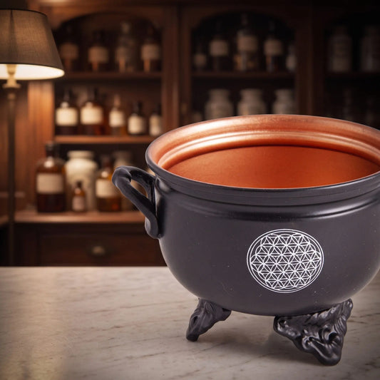 Nahaufnahme des Caldron mit gegossenem Henkel, weißem Blume-des-Lebens-Motiv und gegossenen Füßen