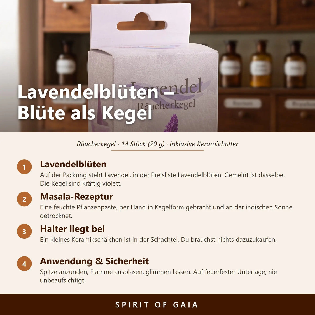 Infografik zu den Lavendelblüten Räucherkegeln von Berk: Sorte, Masala-Rezeptur, beiliegender Halter, Anwendung und Sicherheit