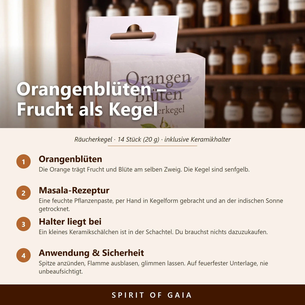 Infografik zu den Orangenblüten Räucherkegeln von Berk: Sorte, Masala-Rezeptur, beiliegender Halter, Anwendung und Sicherheit