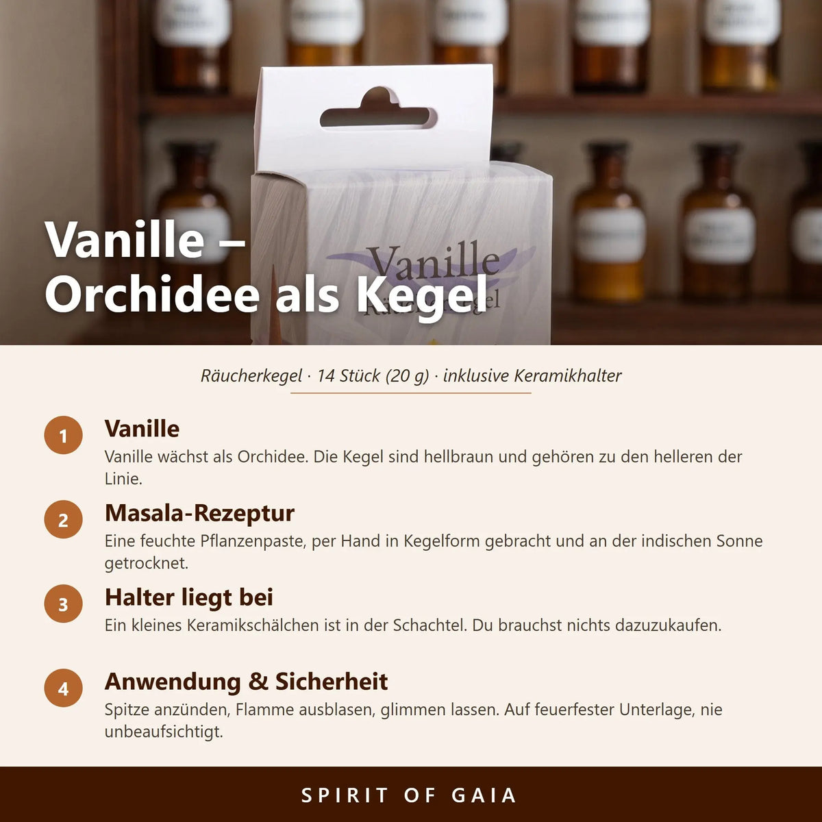 Infografik zu den Vanille Räucherkegeln von Berk: Sorte, Masala-Rezeptur, beiliegender Halter, Anwendung und Sicherheit