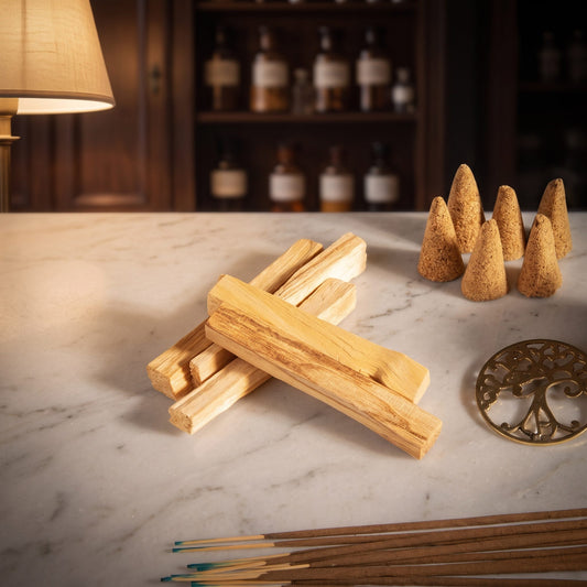 Palo-Santo-Stäbe, Kegel, Räucherstäbchen und der Talisman Baum des Lebens aus dem Set