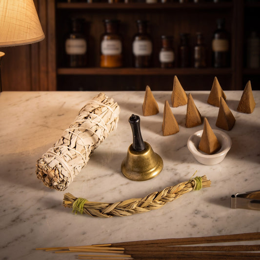 Smudge Stick, Sweetgras-Zopf, Glocke und Kegel aus dem Set