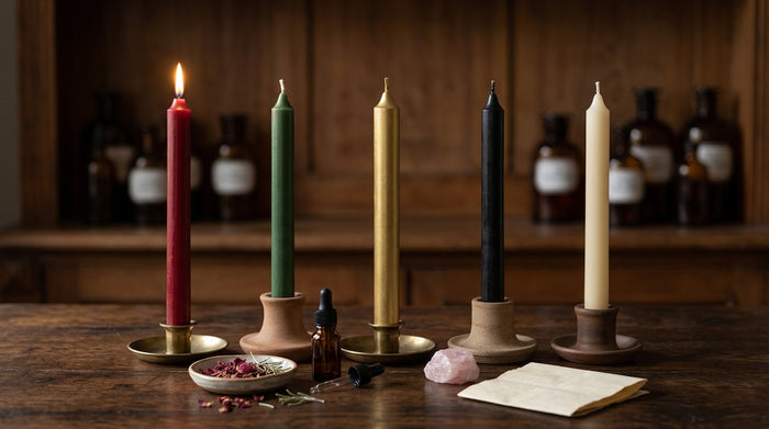 Fünf Stabkerzen in Rot, Grün, Gold, Schwarz und Creme auf einem Holztisch, eine brennt, daneben Rosenblüten, ein Ölfläschchen, Rosenquarz und ein Zettel