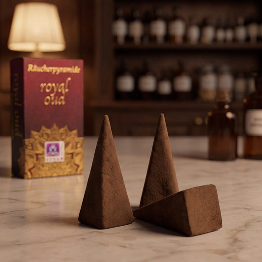 Drei dunkelbraune Royal-Oud-Räucherpyramiden mit vier Kanten aus der Nähe auf einer Marmortheke, dahinter unscharf die rote Schachtel