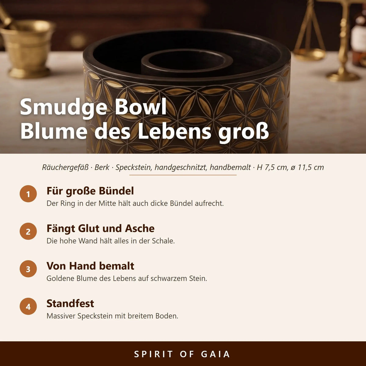 Übersicht zu Smudge Bowl Blume des Lebens groß: Für große Bündel, Fängt Glut und Asche, Von Hand bemalt, Standfest