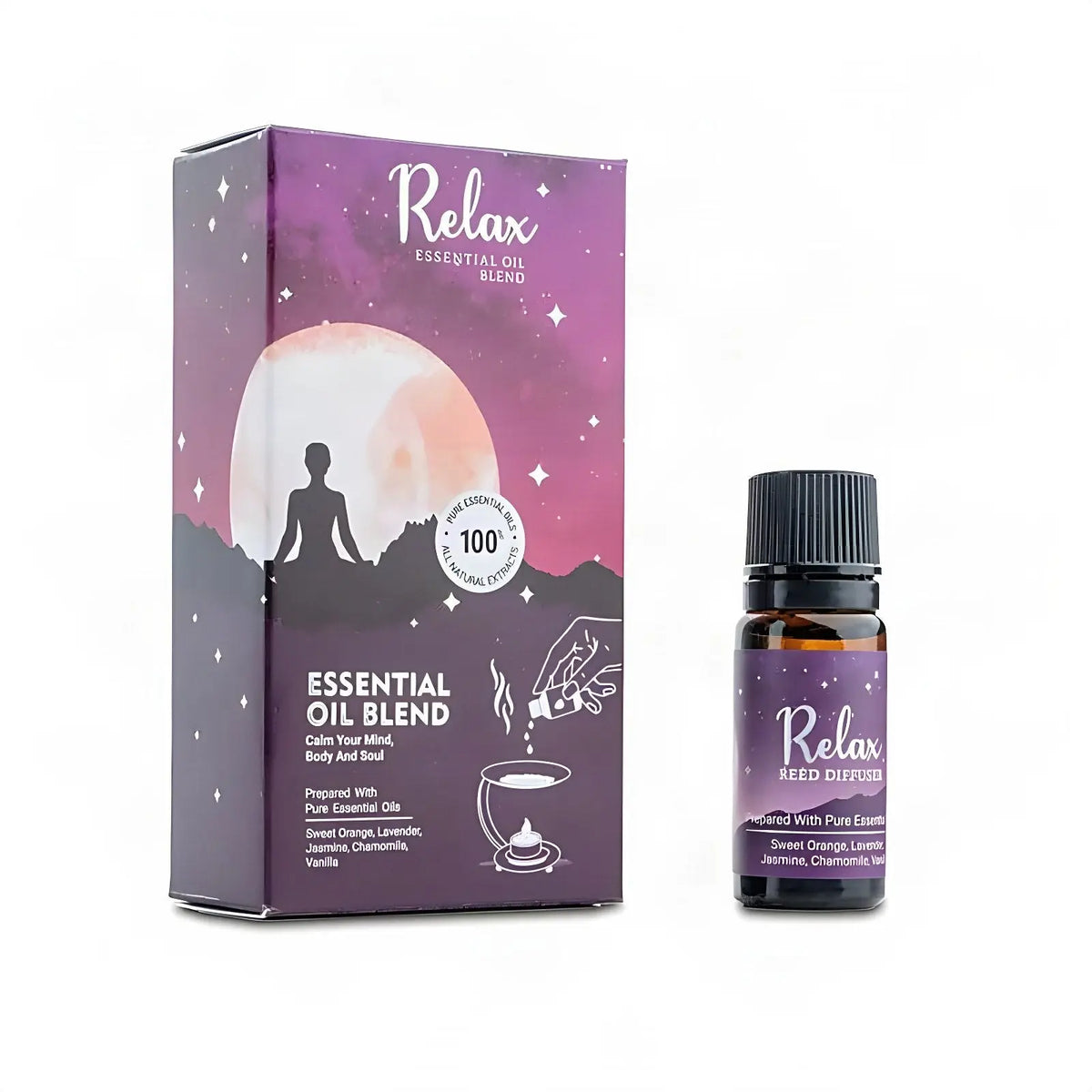 Ätherische Ölmischung Relax, Fläschchen und Schachtel, freigestellt auf Weiß