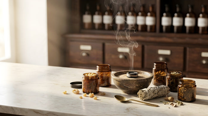 Räucherschale mit glühender Kohle, Rauch, Gläser mit Harz und Kräutern und ein Salbeibündel auf einer Marmortheke vor alten Apothekerschränken