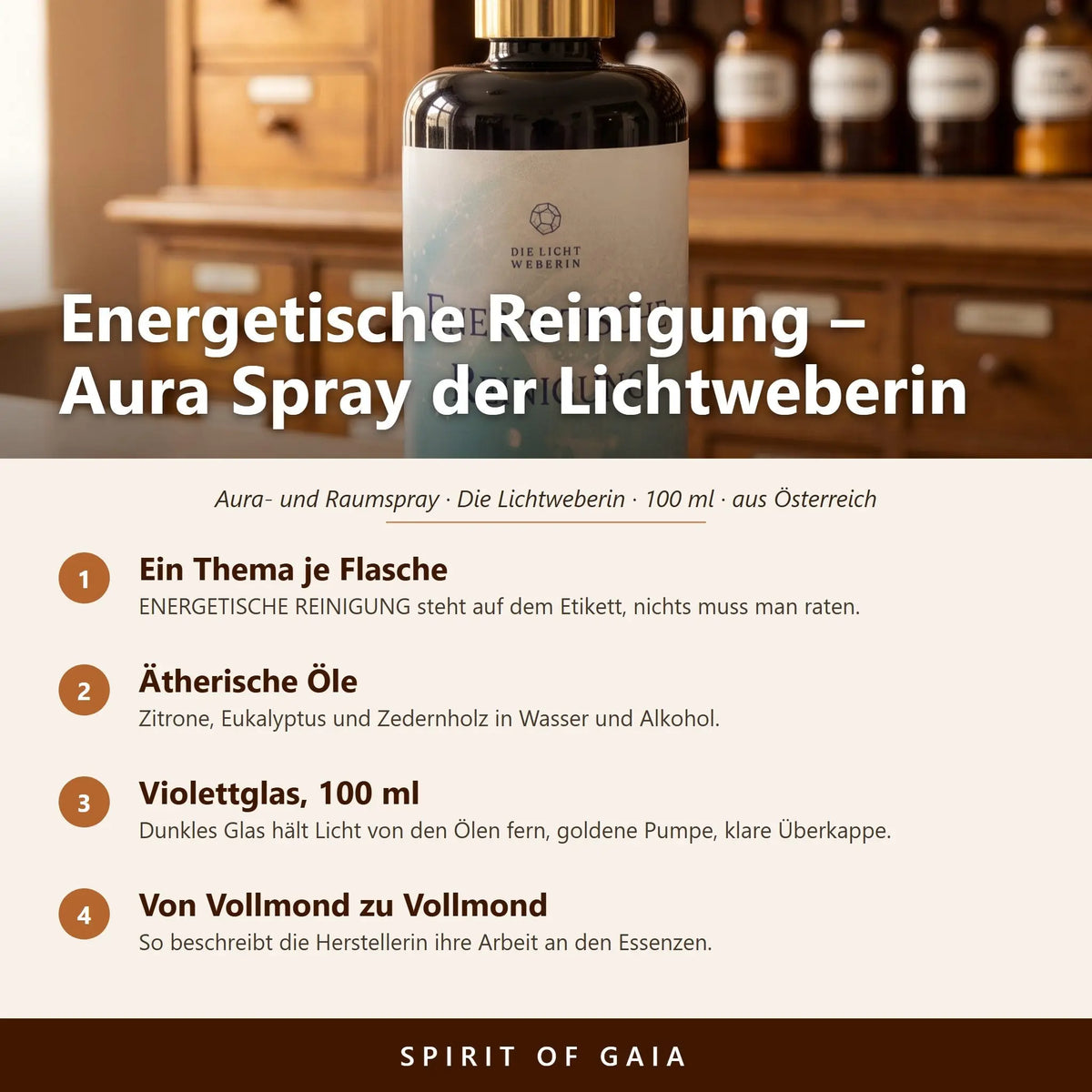 Übersicht zum Aura Spray Energetische Reinigung: Thema, ätherische Öle, Violettglas und Herstellung in Österreich