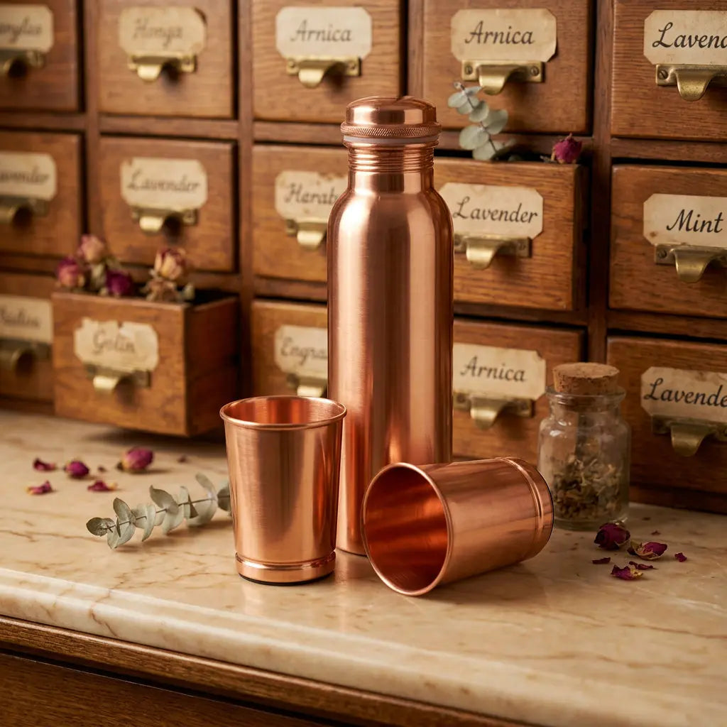 Kupfer-Trinkset Ayurveda glatt – Flasche und zwei Becher im Apotheker-Look