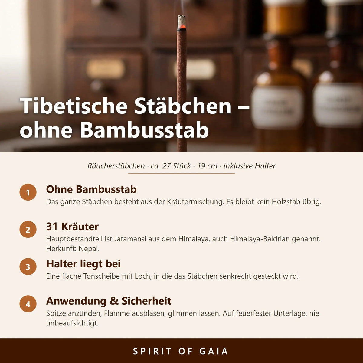 Infografik zu den tibetischen Räucherstäbchen Na Swa Dhoop von Berk: ohne Bambusstab, Himalaya-Kräuter, beiliegender Halter, Anwendung und Sicherheit
