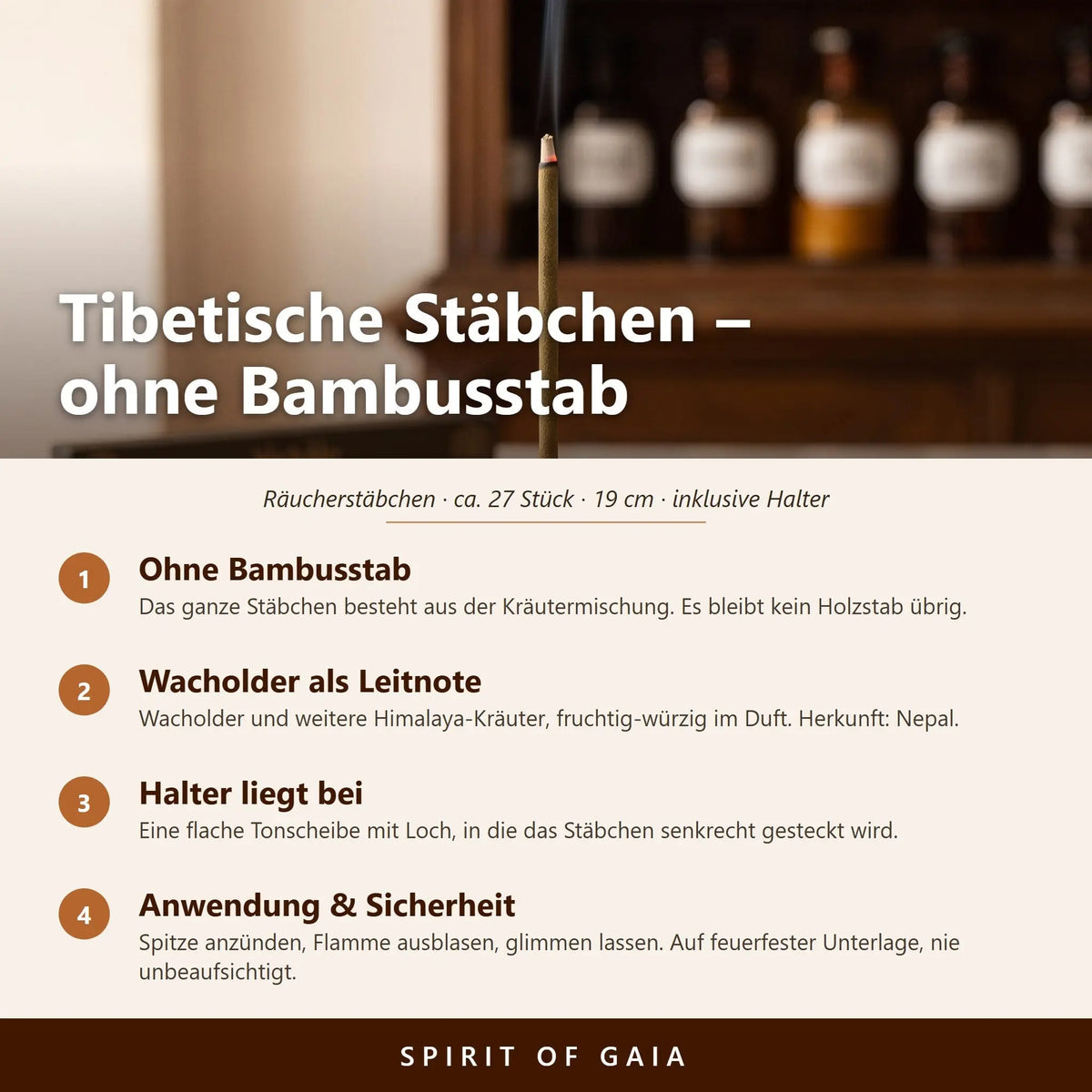 Infografik zu den tibetischen Räucherstäbchen Wacholder von Berk: ohne Bambusstab, Himalaya-Kräuter, beiliegender Halter, Anwendung und Sicherheit