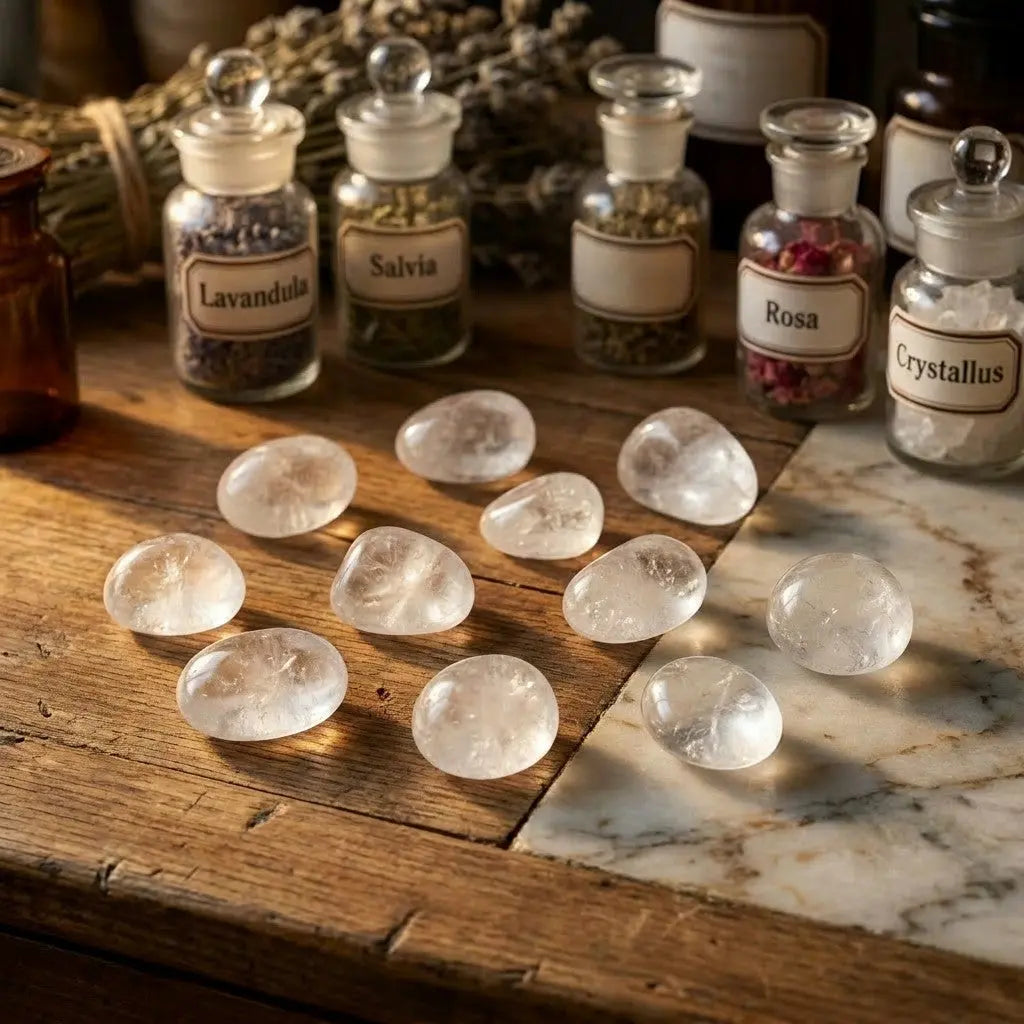 Bergkristall Trommelsteine – mehrere Steine als Gruppe im Apotheker-Setting