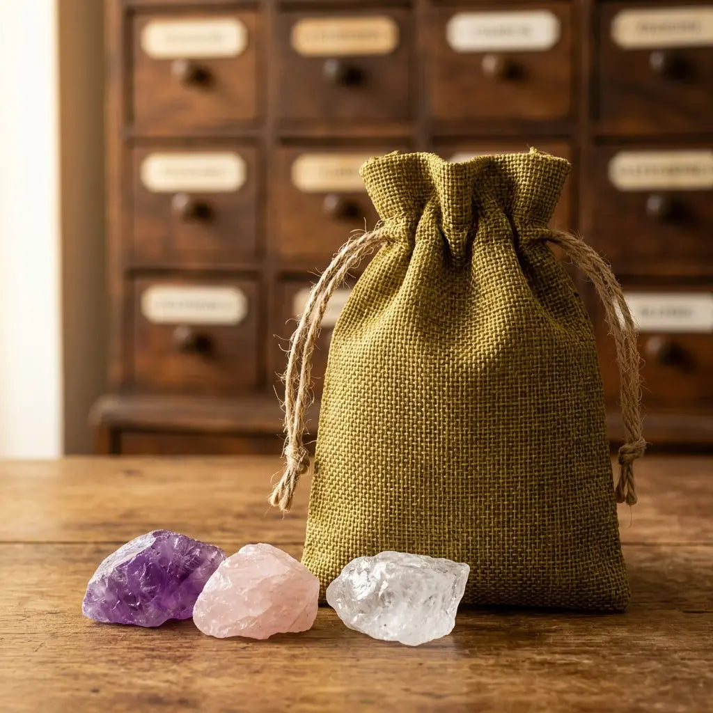 Jutesäckchen der Wassersteine Grundmischung mit Jutestruktur und Rohsteinen Amethyst, Rosenquarz und Bergkristall – Spirit of Gaia