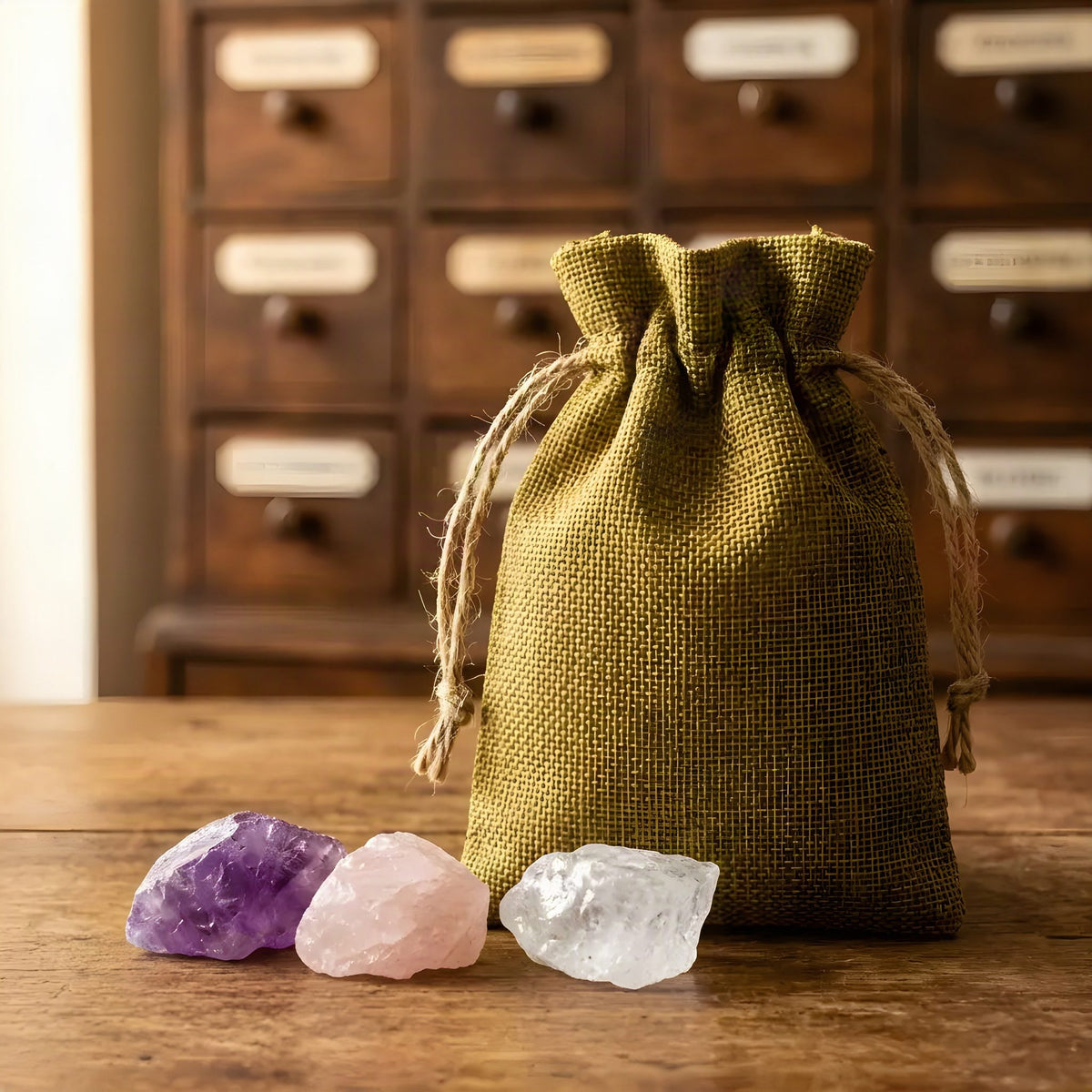 Jutesäckchen der Wassersteine Grundmischung mit Jutestruktur und Rohsteinen Amethyst, Rosenquarz und Bergkristall – Spirit of Gaia