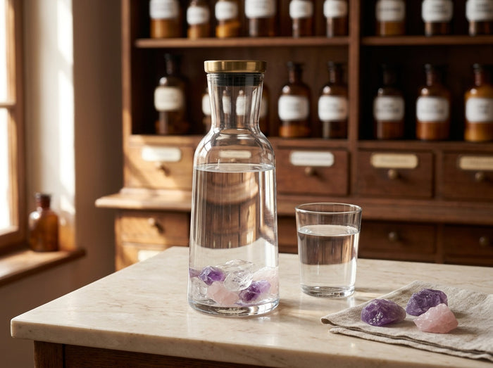 Glaskaraffe mit Wasser und rohen Bergkristall-, Rosenquarz- und Amethyststeinen am Boden, daneben ein gefülltes Glas