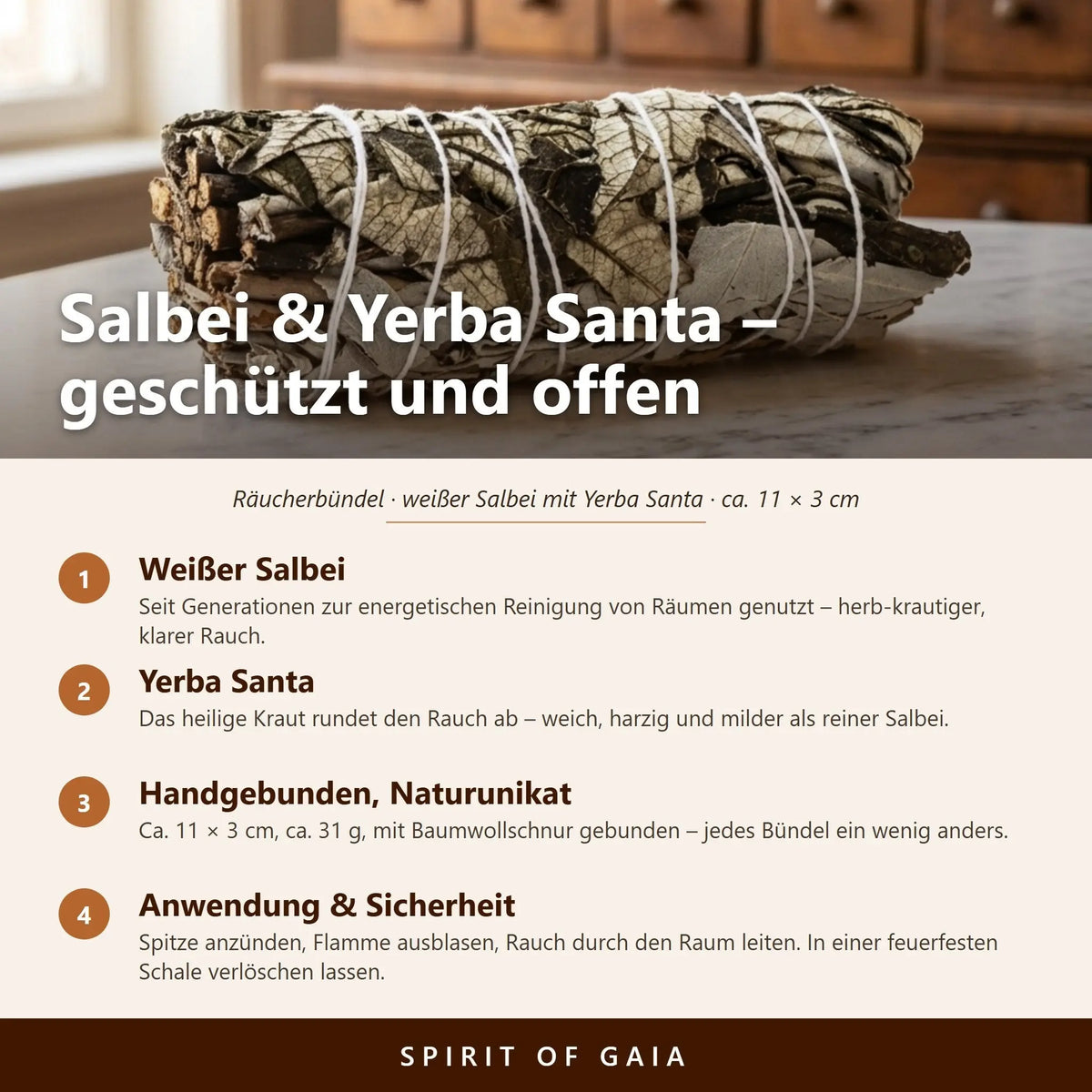Infografik: Salbei und Yerba Santa – geschützt und offen, handgebunden, Anwendung und Sicherheit