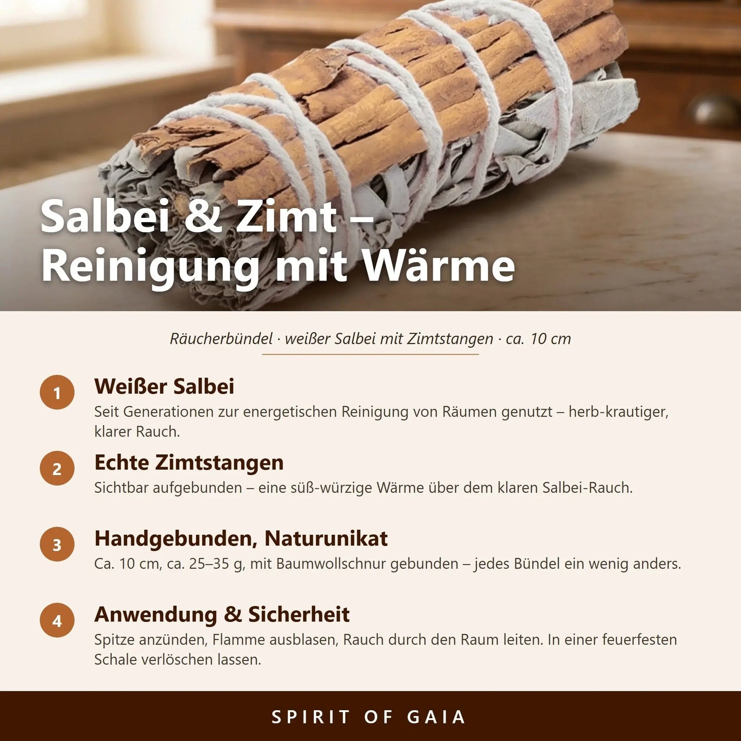 Infografik: Salbei und Zimt – weißer Salbei, echte Zimtstangen, handgebunden, Anwendung und Sicherheit