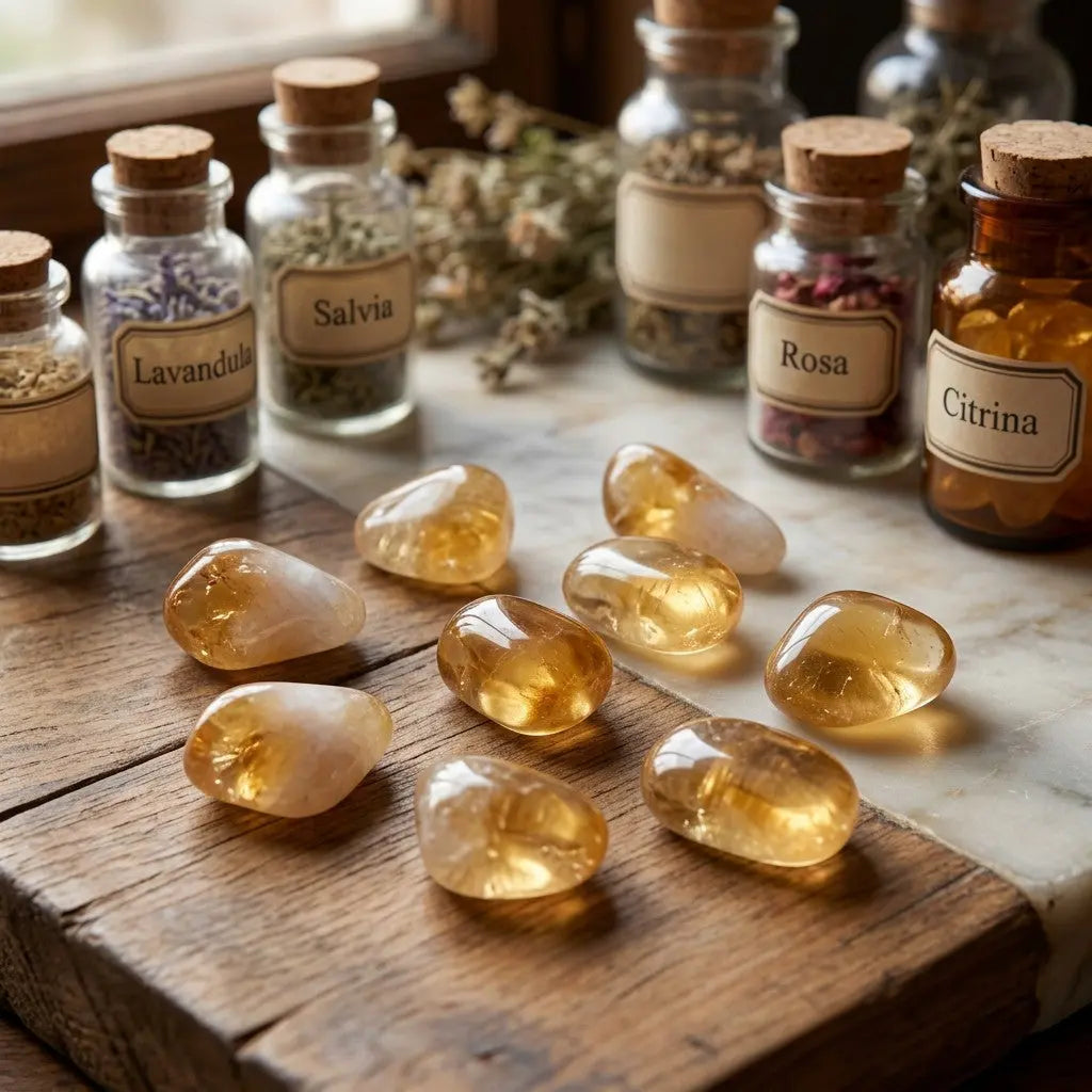Citrin Trommelsteine – mehrere Steine als Gruppe im Apotheker-Setting
