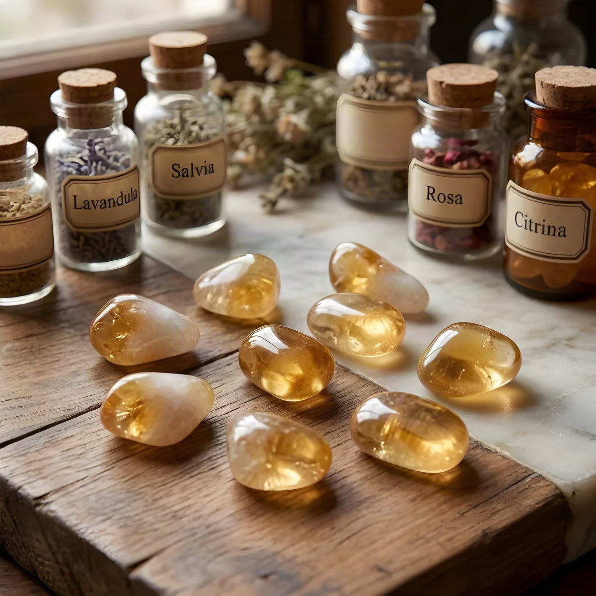Citrin Trommelsteine – mehrere Steine als Gruppe im Apotheker-Setting