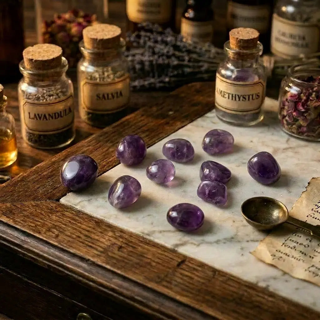 Amethyst Trommelsteine – mehrere Steine als Gruppe im Apotheker-Setting