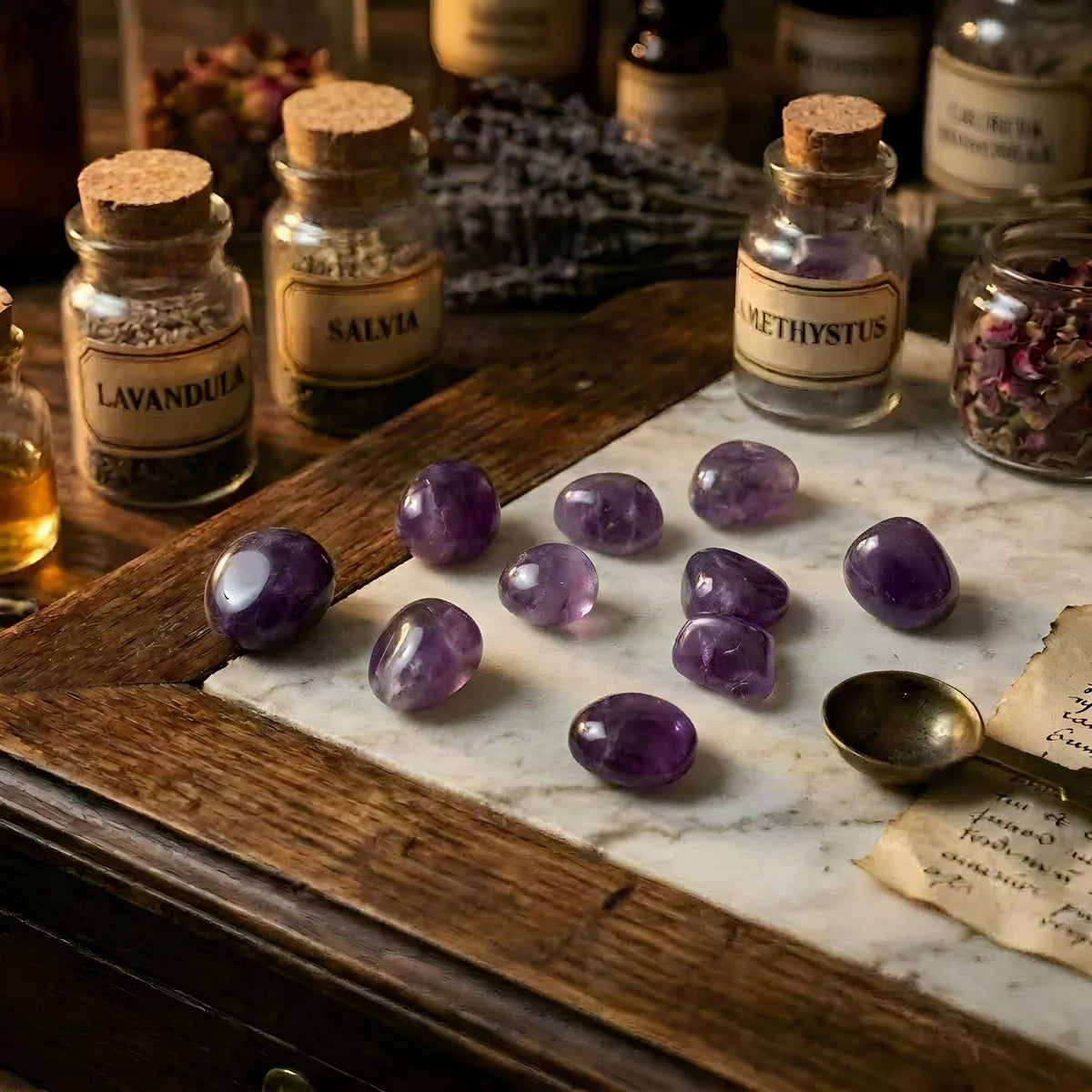Amethyst Trommelsteine – mehrere Steine als Gruppe im Apotheker-Setting