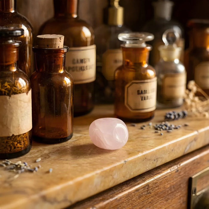 Rosa Rosenquarz-Trommelstein im Apothekerschrank zwischen Apothekergläsern