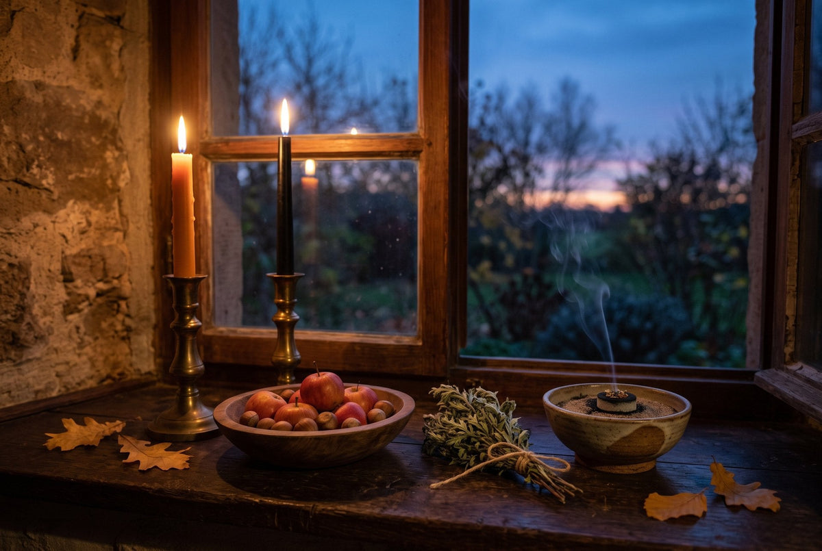 Orange und schwarze Kerze in Messingleuchtern auf einer alten Fensterbank, davor eine Holzschale mit Äpfeln und Haselnüssen, ein Bund Beifuß und eine Räucherschale mit Kohle, draußen ein Herbstgarten in der Abenddämmerung