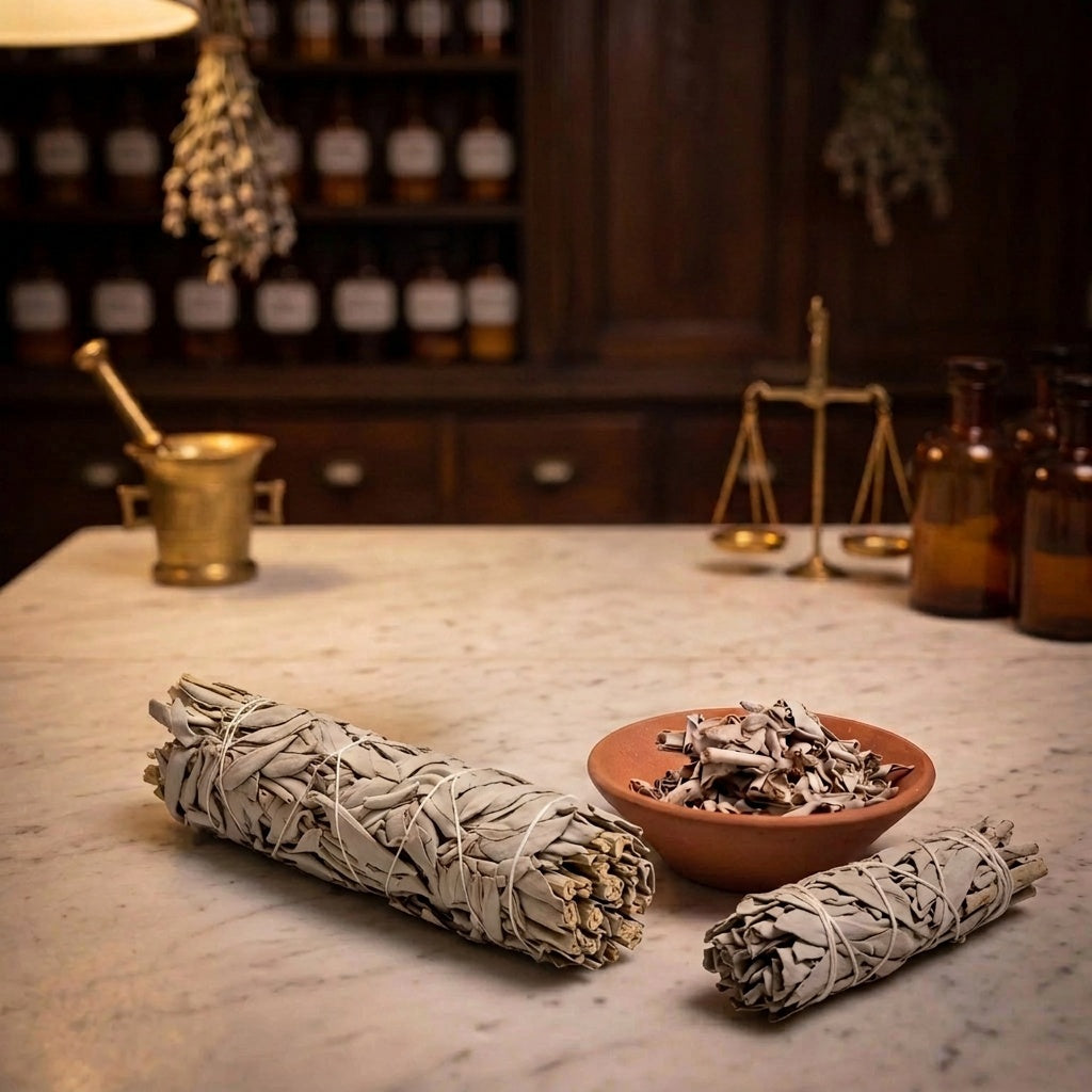 Zwei Bündel Weißer Salbei, ein großes und ein kleines, neben einer Tonschale mit losen Salbeiblättern auf einer Marmorplatte, dahinter Apothekerflaschen und ein Mörser