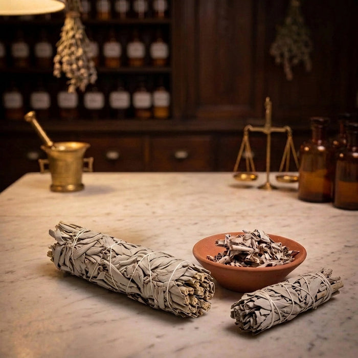 Zwei Bündel Weißer Salbei, ein großes und ein kleines, neben einer Tonschale mit losen Salbeiblättern auf einer Marmorplatte, dahinter Apothekerflaschen und ein Mörser