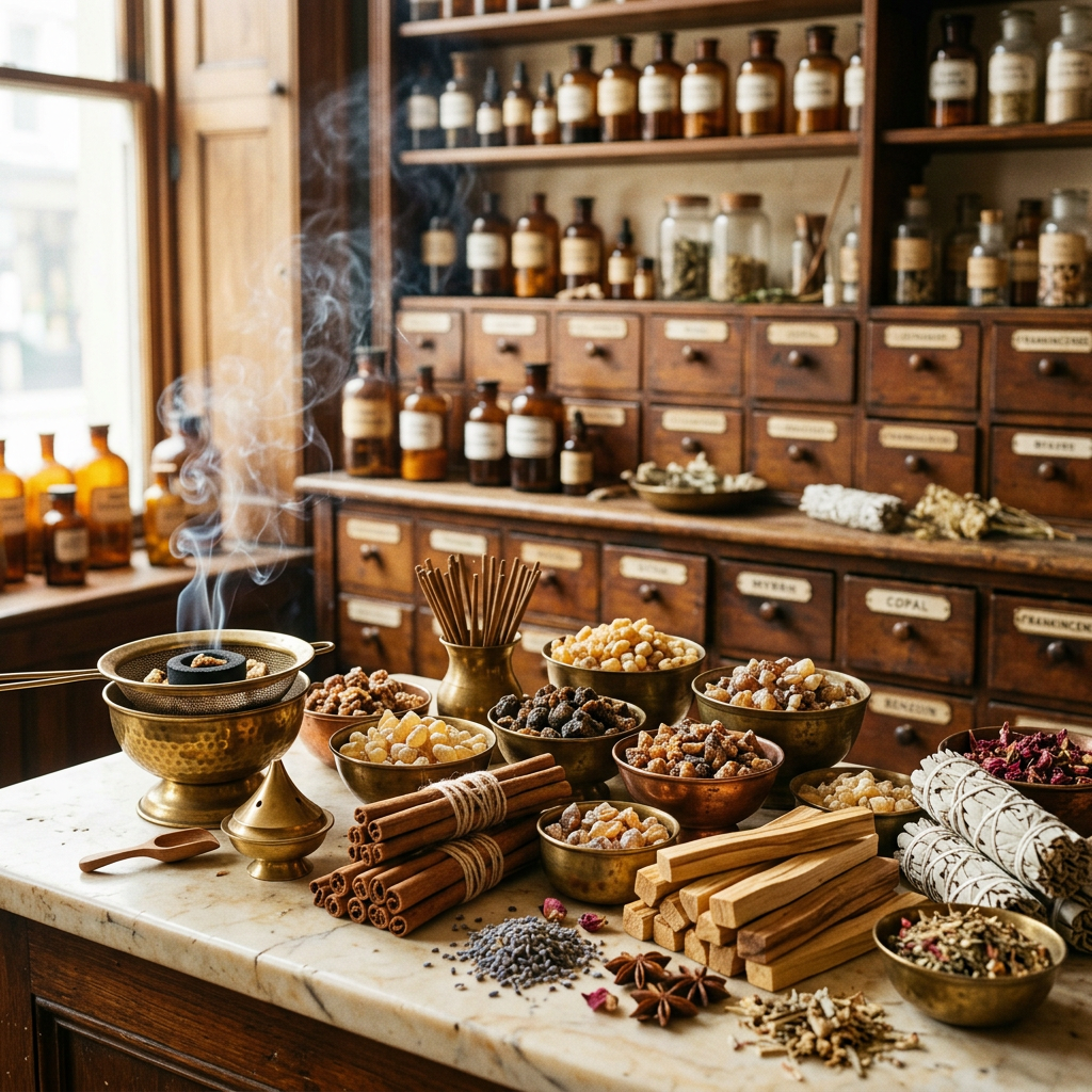 Räucherwerk bei Spirit of Gaia – Harze, Räucherstäbchen, Salbei-Smudges und Palo Santo im Apotheken-Stil