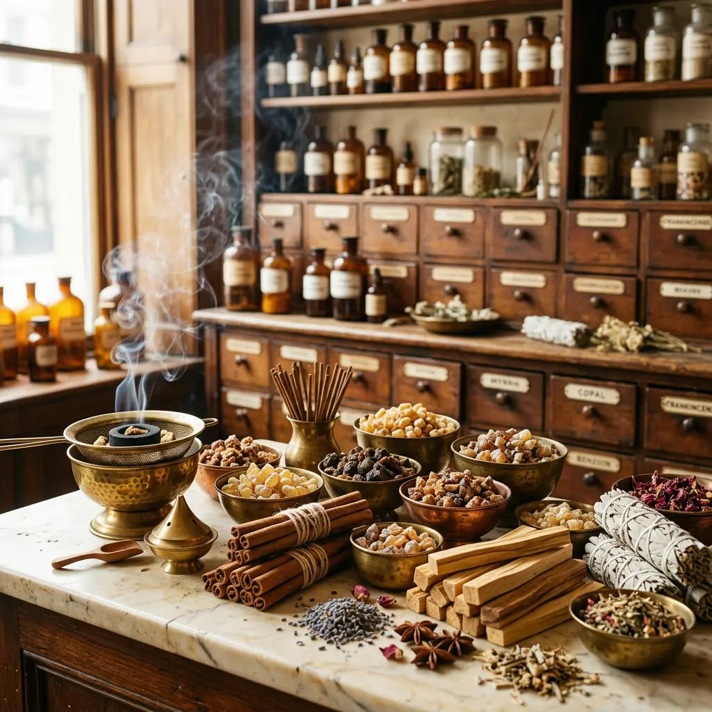 Räucherwerk bei Spirit of Gaia – Harze, Räucherstäbchen, Salbei-Smudges und Palo Santo im Apotheken-Stil