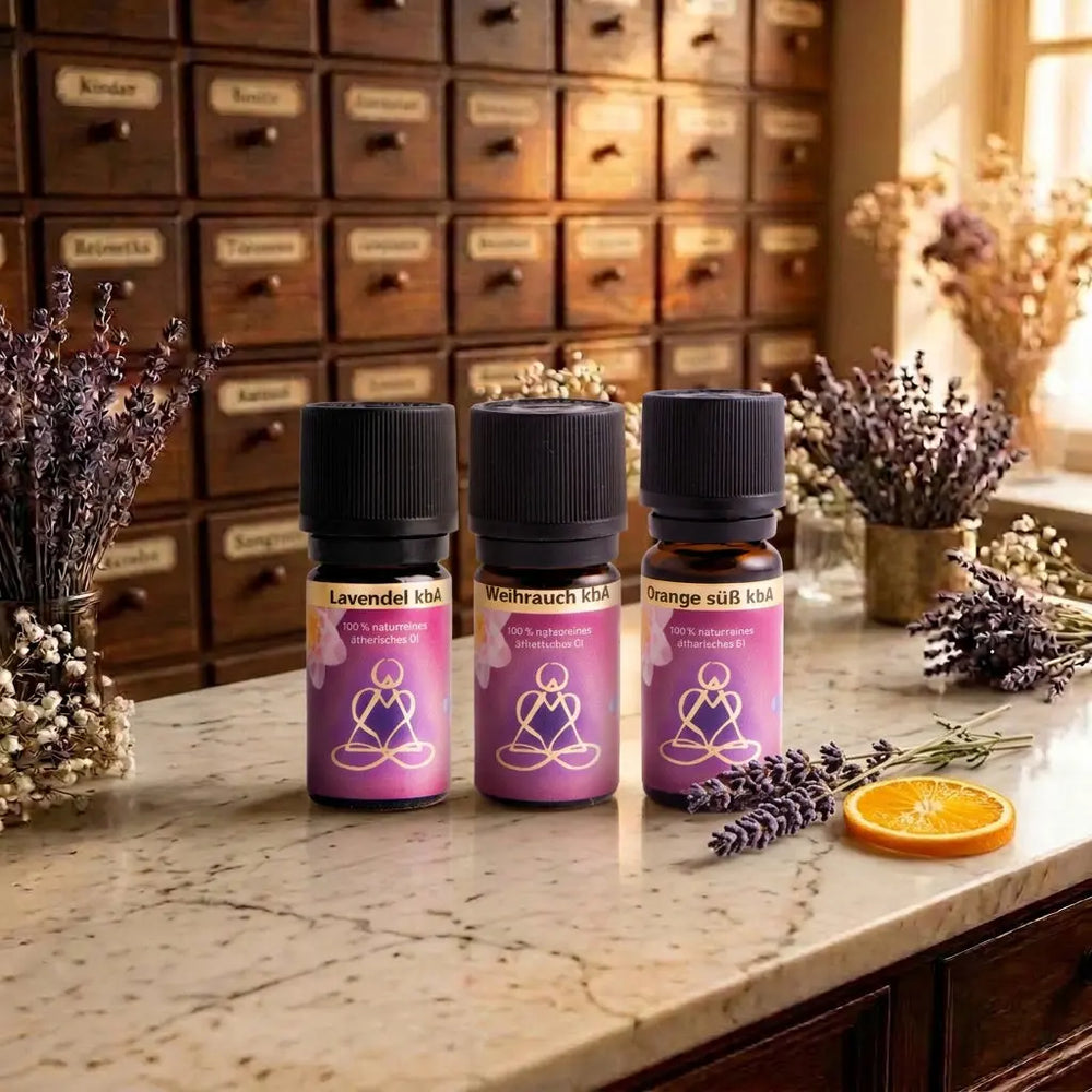 Ätherische Öle von Berk bei Spirit of Gaia – Lavendel, Weihrauch und Orange im Braunglas mit Schraubkappe