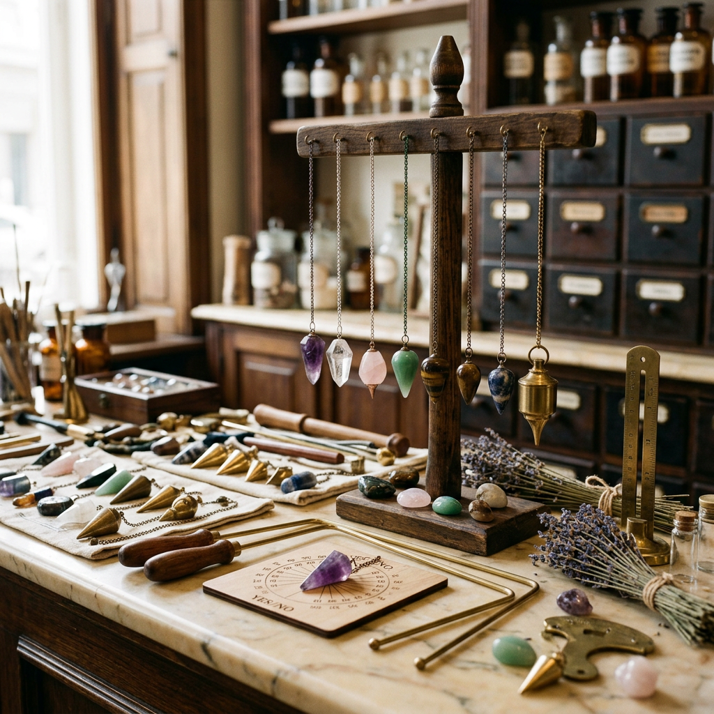 Pendel und Tensoren bei Spirit of Gaia – Edelstein- und Messingpendel sowie Tensoren und Wünschelruten im Apotheken-Stil