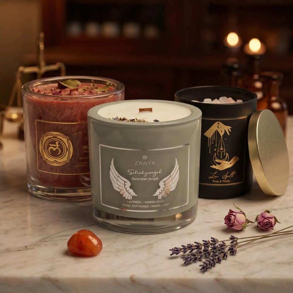 Duftkerzen bei Spirit of Gaia – Chakra-Kerze, Engelkerze Schutzengel und Manifestationskerze im Glas auf der Ladentheke