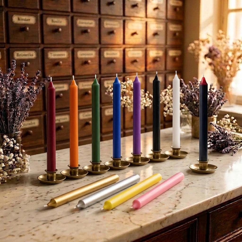 Stabkerzen bei Spirit of Gaia – durchgefärbte Kerzen in vielen Farben, Gold, Silber und die Blutkerze in Messinghaltern