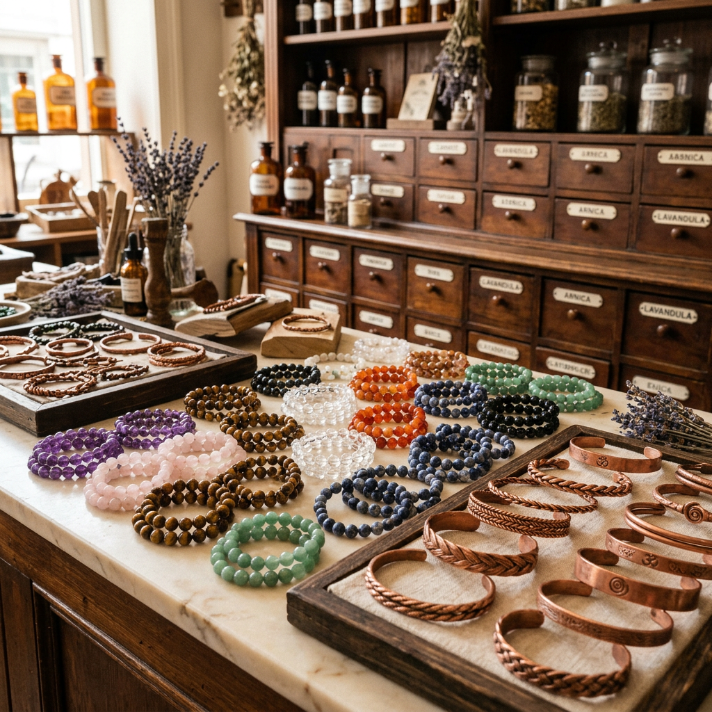 Spiritueller Schmuck bei Spirit of Gaia – Kupfer-Armreifen und Edelstein-Kugelarmbänder in vielen Steinfarben im Apotheken-Stil