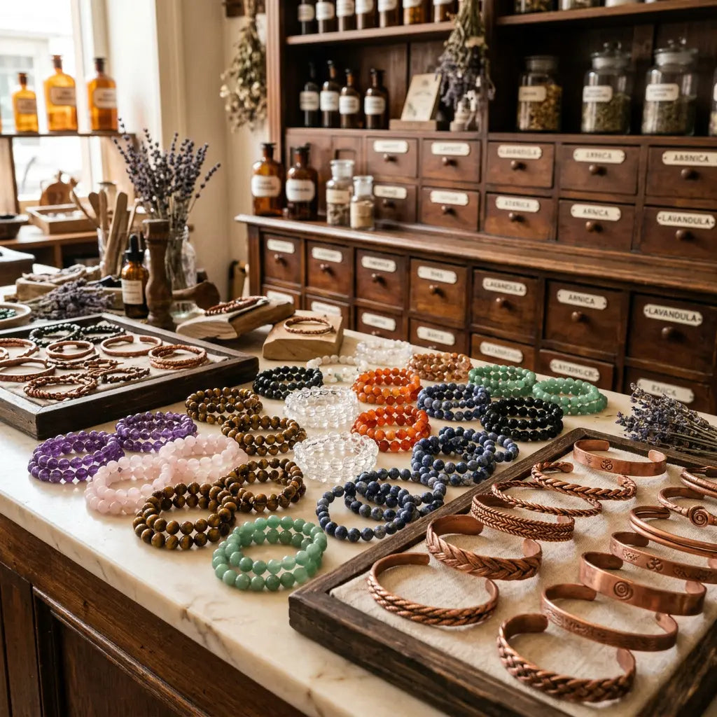 Spiritueller Schmuck bei Spirit of Gaia – Kupfer-Armreifen und Edelstein-Kugelarmbänder in vielen Steinfarben im Apotheken-Stil