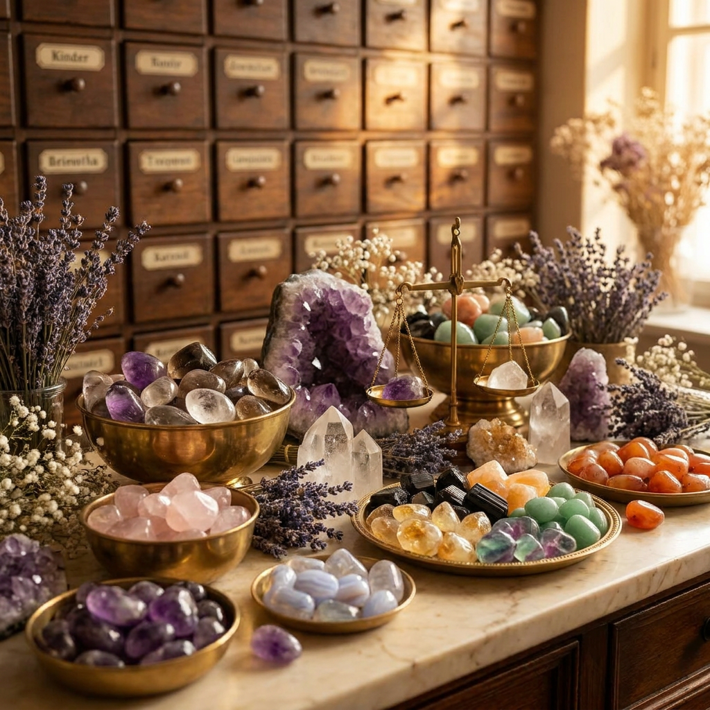 Auswahl handverlesener Heilsteine und Edelsteine – Amethyst, Rosenquarz, Bergkristall, Citrin und schwarzer Turmalin im Apotheken-Stil bei Spirit of Gaia
