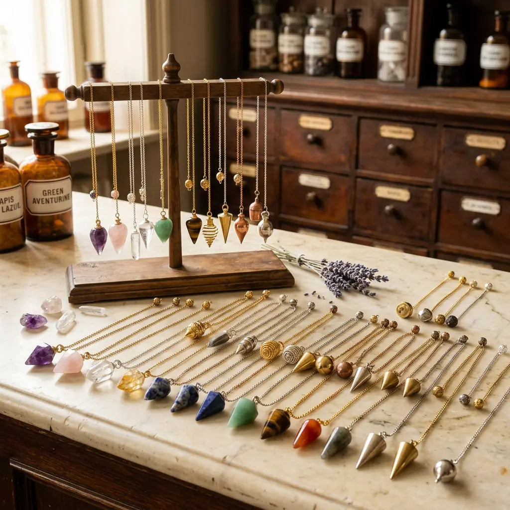 Pendel bei Spirit of Gaia – Edelsteinpendel aus Amethyst, Bergkristall und Rosenquarz sowie Metallpendel aus Messing im Apotheken-Stil