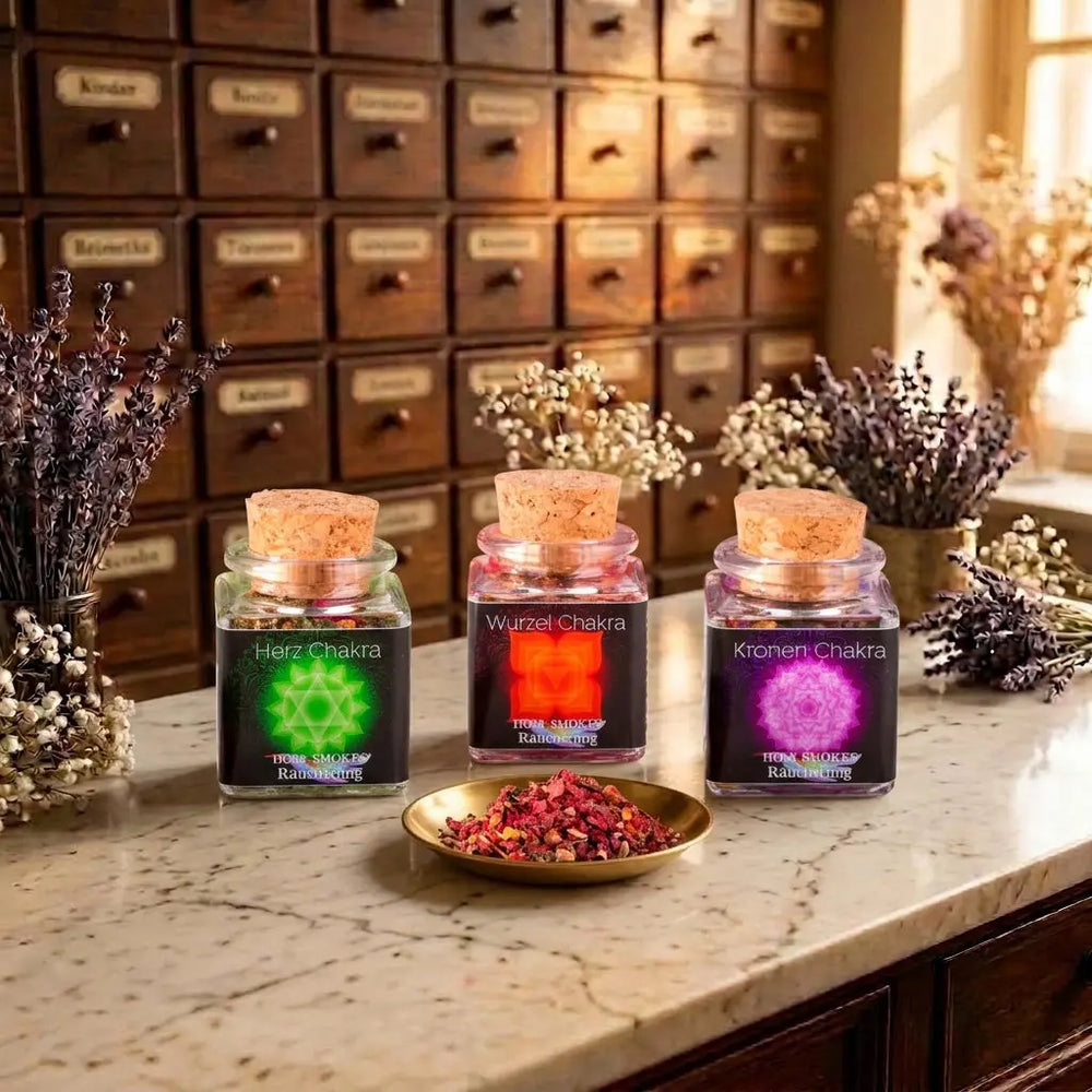 Chakra Räuchermischungen bei Spirit of Gaia – Herz-, Wurzel- und Kronenchakra von Berk im Korkglas