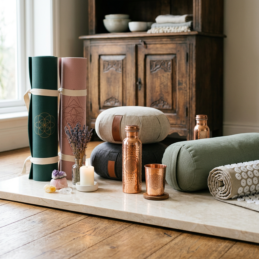 Meditation und Yoga bei Spirit of Gaia – Yogamatten, Meditationskissen, Kupfergefäße und Akupressurmatte im ruhigen Studio-Look