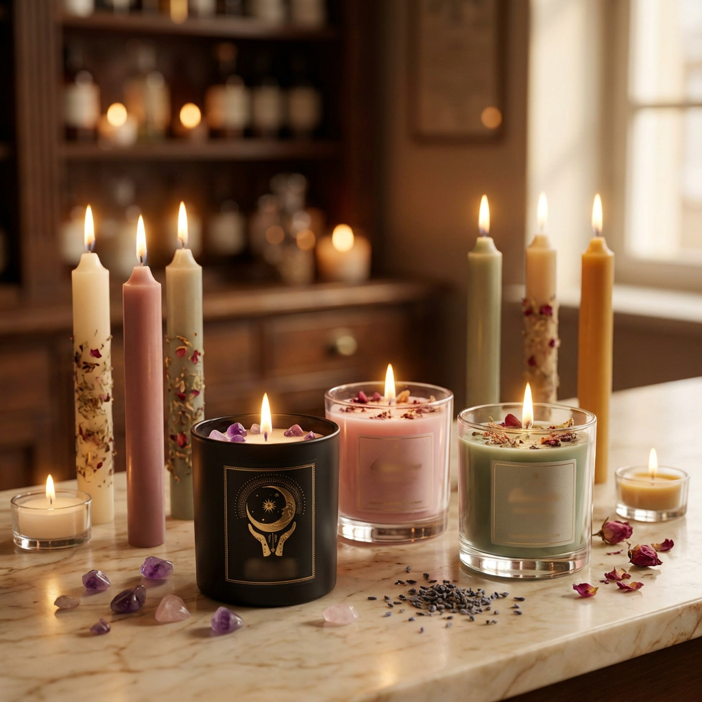 Spirituelle Kerzen bei Spirit of Gaia – schwarz-goldene Manifestationskerzen mit Kristallen, Chakra-, Zeremonie- und Stabkerzen im Apotheken-Stil