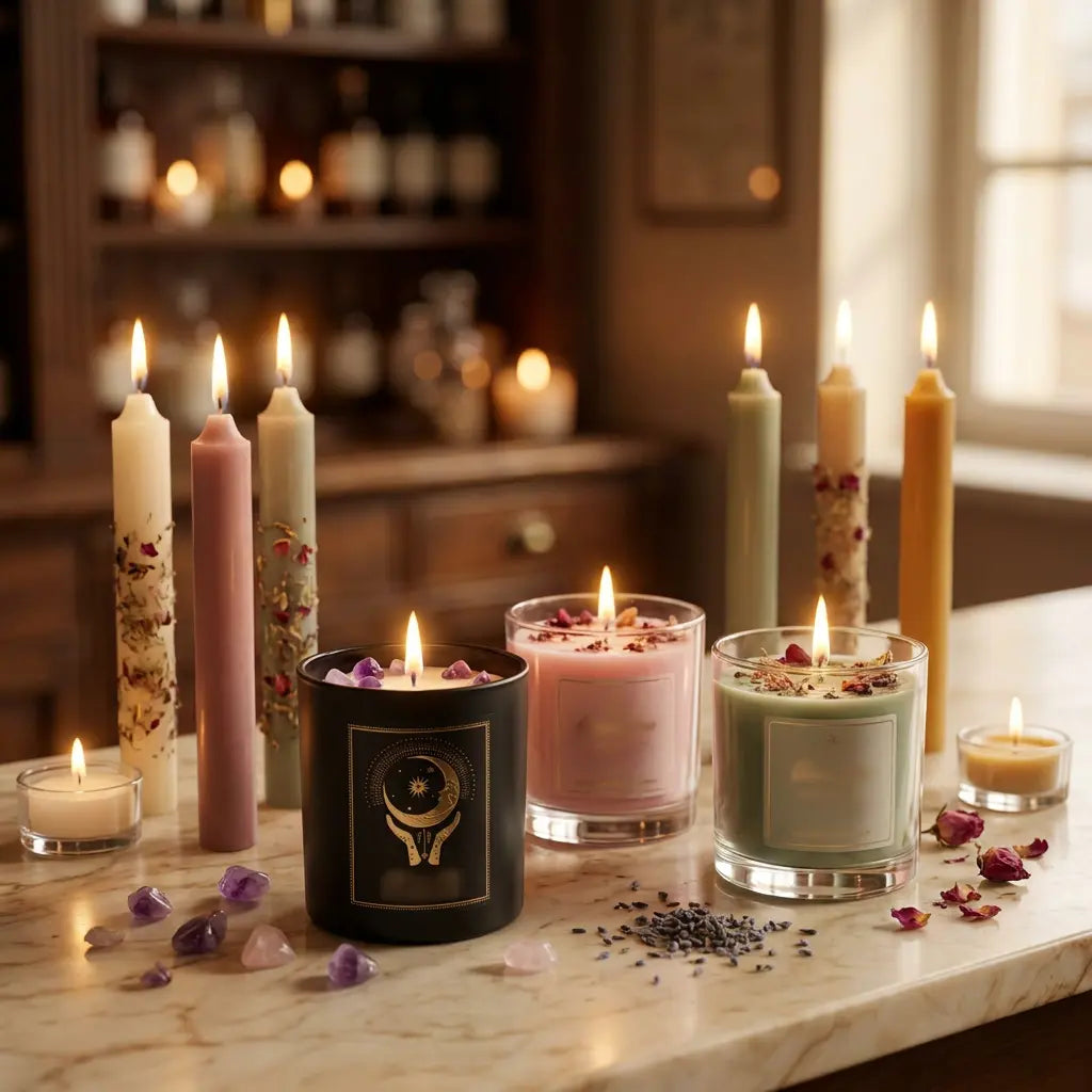 Spirituelle Kerzen bei Spirit of Gaia – schwarz-goldene Manifestationskerzen mit Kristallen, Chakra-, Zeremonie- und Stabkerzen im Apotheken-Stil