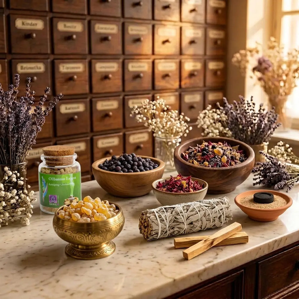 Sortenreines Räucherwerk bei Spirit of Gaia – Weihrauchharz, Wacholderbeeren, Rosenblüten und weißer Salbei