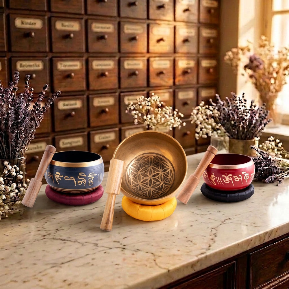 Klangschalen bei Spirit of Gaia – drei Klangschalen mit Blume des Lebens, OM und Lotus auf der Marmortheke