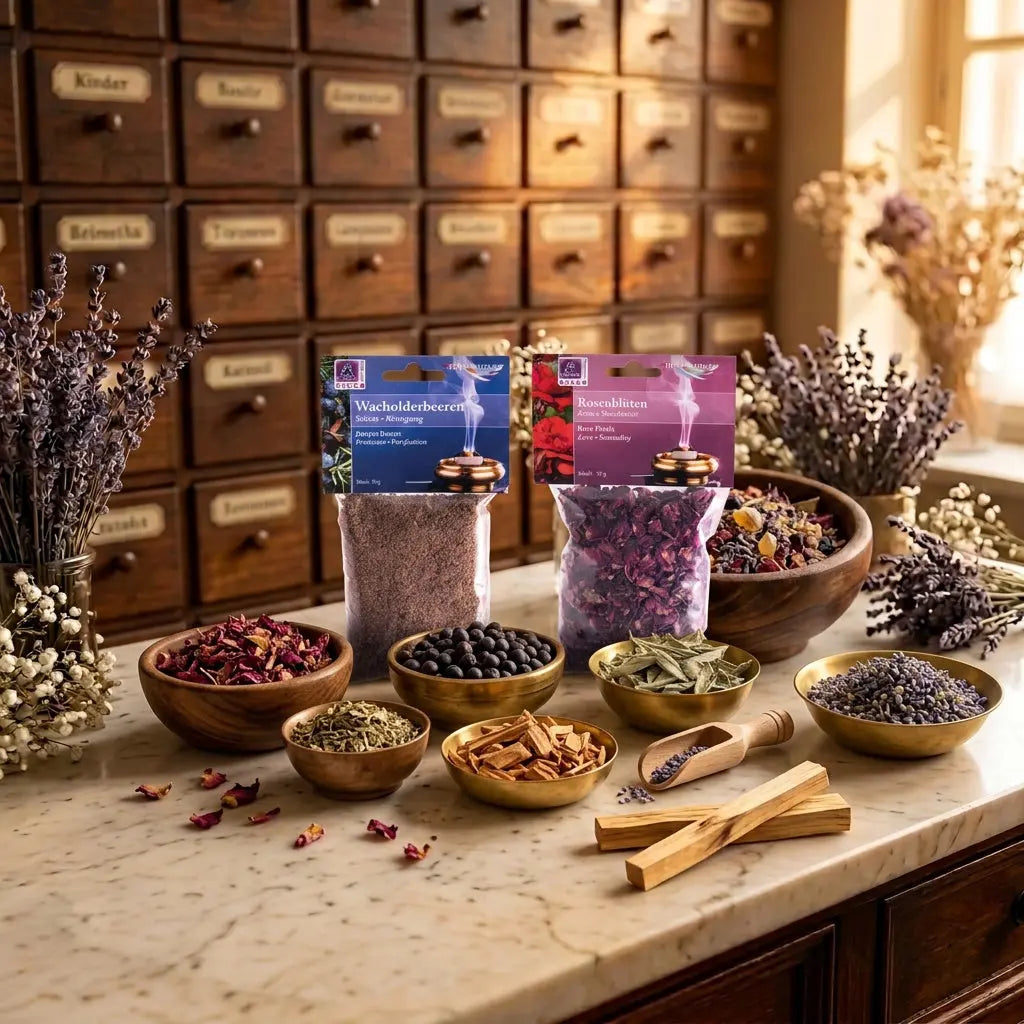 Räucherkräuter bei Spirit of Gaia – Wacholderbeeren, Rosenblüten, Sandelholz, Lavendel und Palo Santo