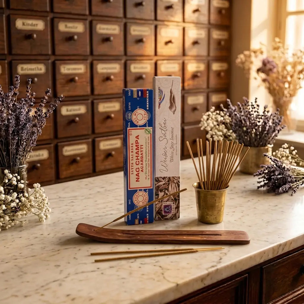 Räucherstäbchen bei Spirit of Gaia – Satya Nag Champa, Holy Smokes Weißer Salbei und Stäbchenhalter