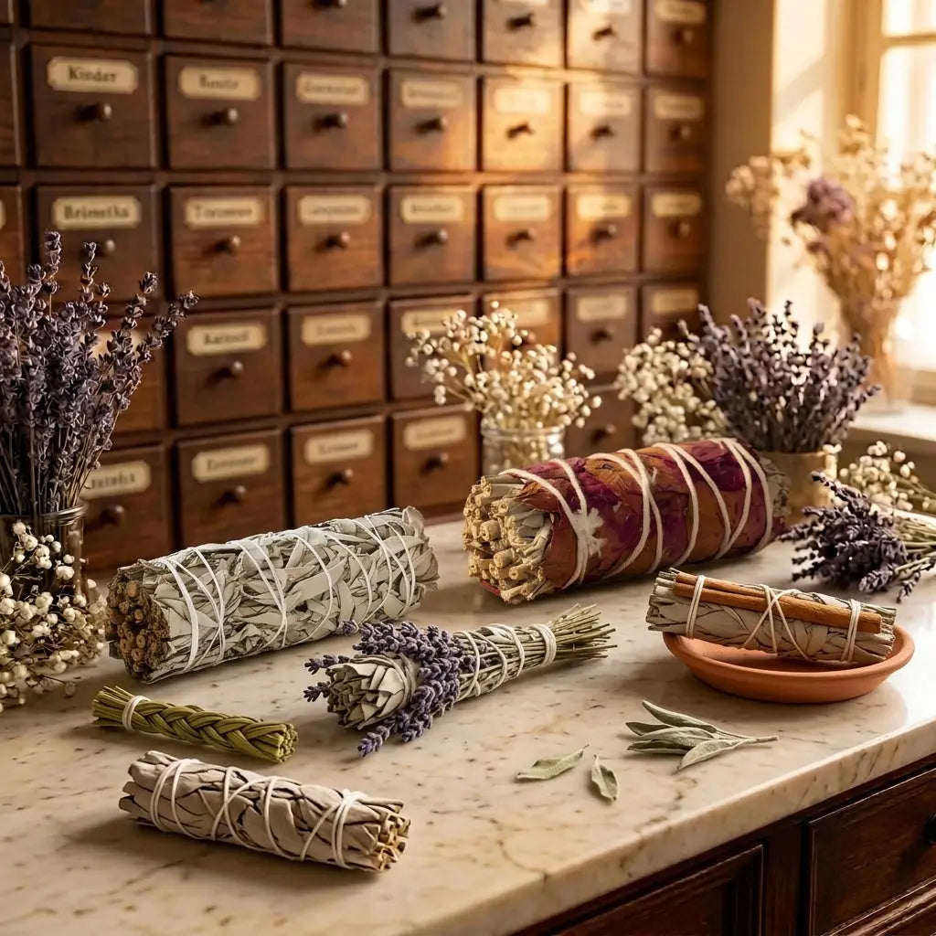 Räucherbündel bei Spirit of Gaia – weißer Salbei pur, mit Rose, Lavendel und Zimt, dazu Sweetgrass