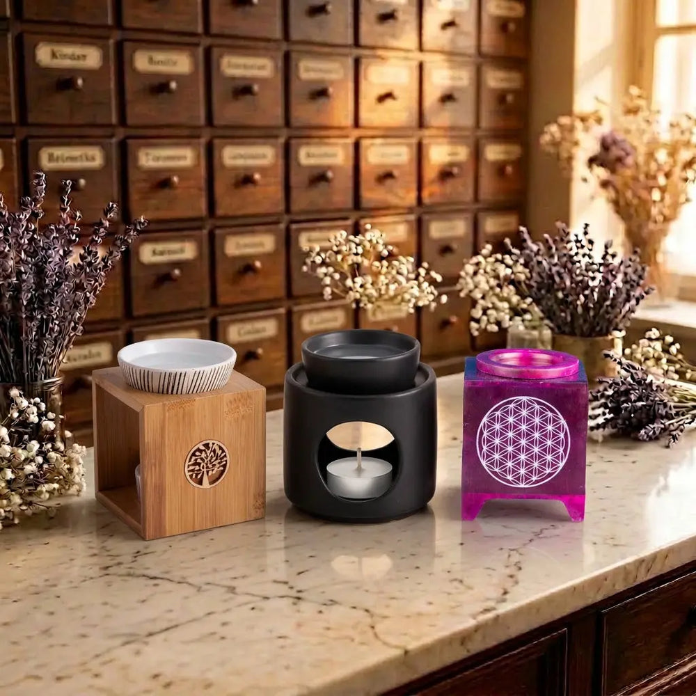 Aromalampen bei Spirit of Gaia – Bambus mit Keramikschale, schwarze Keramik und violetter Speckstein